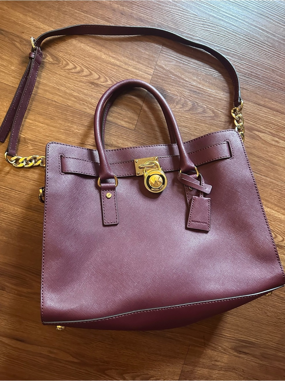 Michael Kors Hamilton Deep Merlot Leather Satchel Gold Hardware